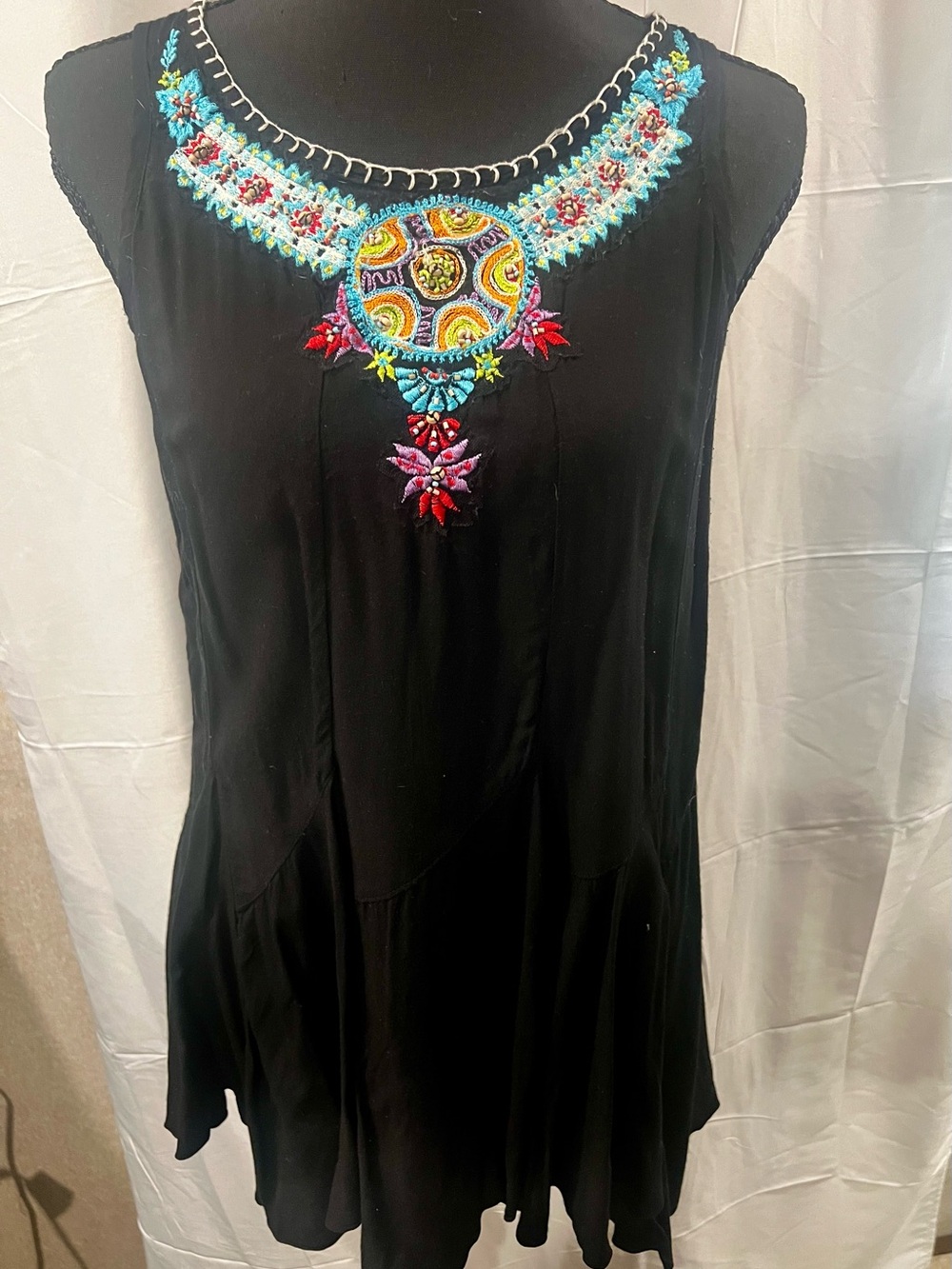 Black Embroidered Sleeveless Women's Top with Turquoise Accents